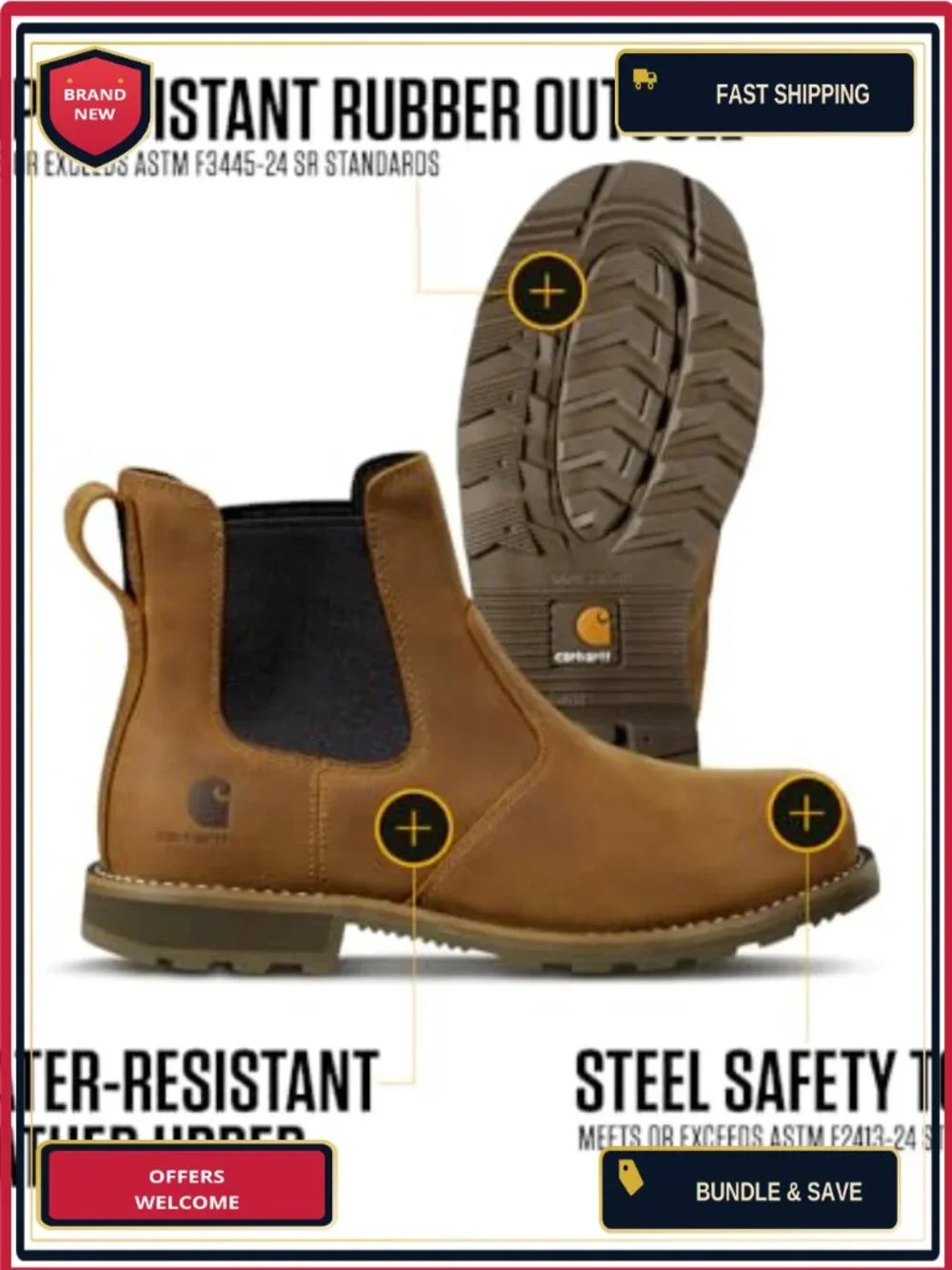 Steel Toe Chelsea Work Boot, Leather, Slip-On, Water Resistant, Safety Toe